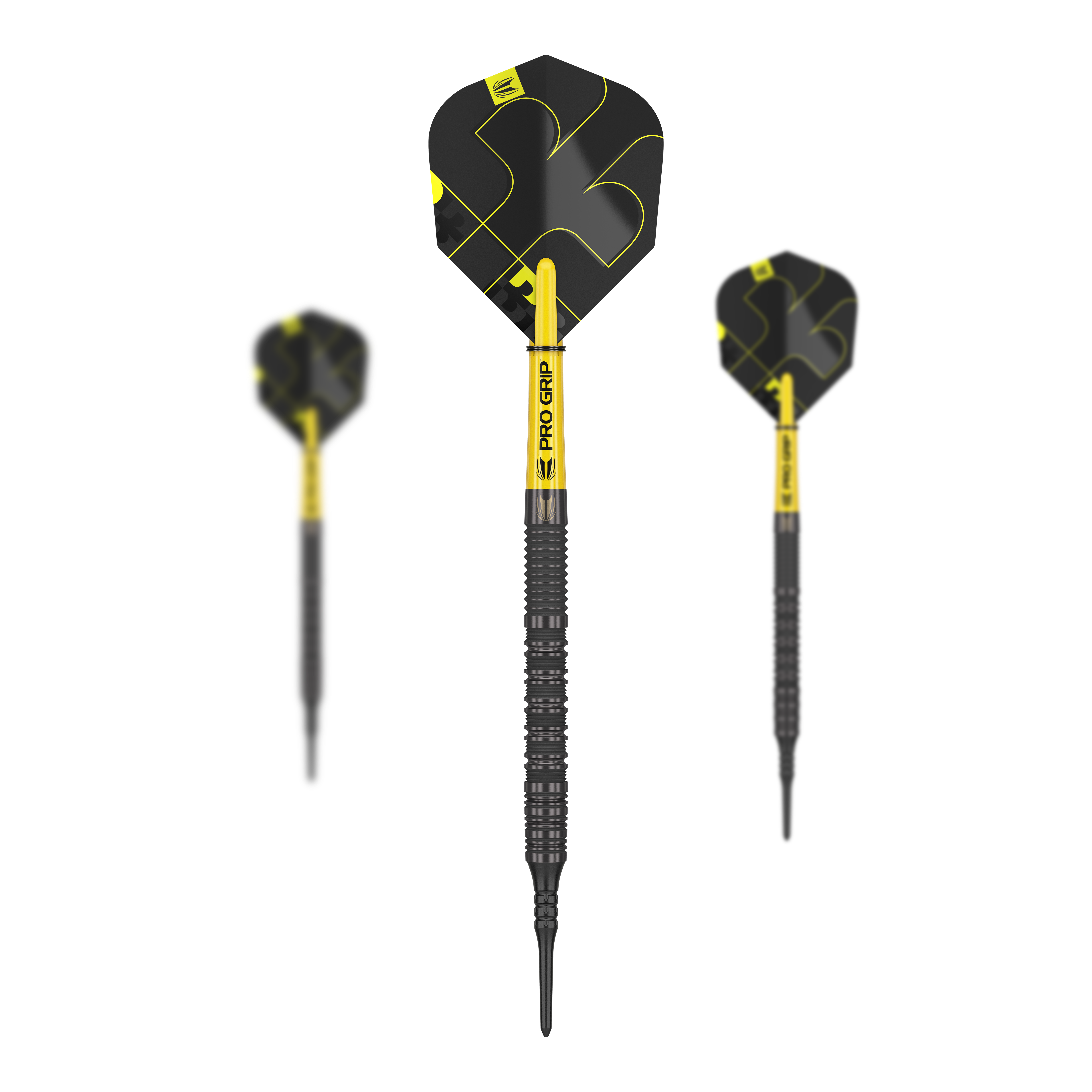 Das Bild zeigt drei Softdarts des Produkts "Target Bolide Void 10". Die Darts sind schwarz-gelb gestaltet und haben den Schriftzug "PRO GRIP" auf dem Schaft.